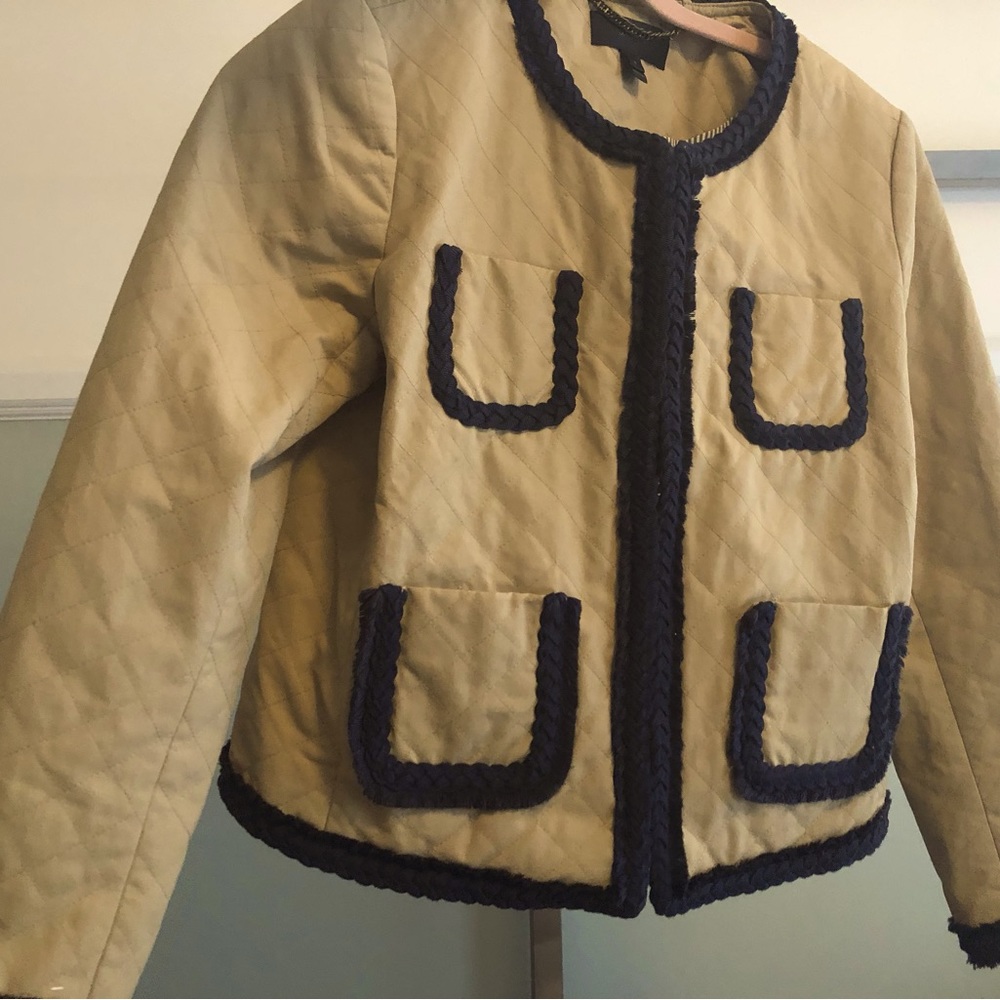 J. Crew Quilted Khaki Lady Jacket with Navy Trim - Women's Coat